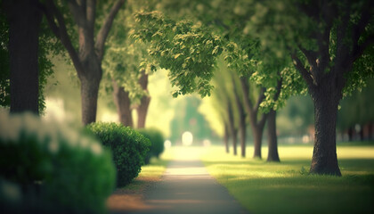 Illustration green toned blurred nature bokeh public park with several trees. Blur nature green park with sun light abstract background. 3D realistic illustration. Based on Generative AI