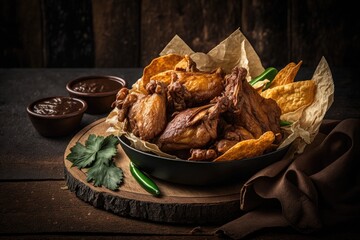 Poster - Crispy chicken winglets in a dark brown batter, served on a dark brown plate, on a dark brown wooden table. Background Nachos in a paper bag, above and close up. Generative AI