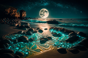 Wall Mural - Alien fantasy beach at night with a full moon in the sky. Generative AI