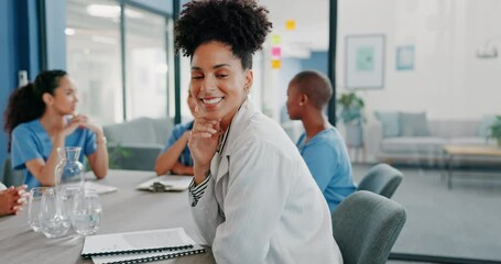 Wall Mural - Doctor, face or leadership in hospital meeting, medical planning or life insurance discussion for treatment. Smile, happy or healthcare black woman in portrait, teamwork collaboration or clinic