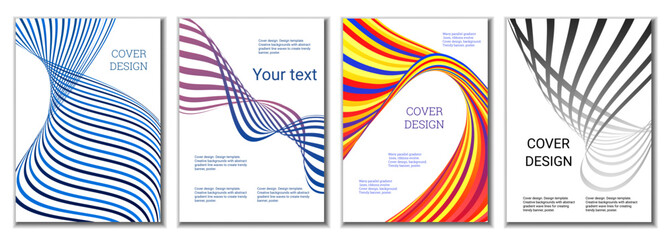 A set of 4 abstract covers. Wavy parallel gradient lines, ribbons evolve. Cover design, background. Trendy banner, poster.