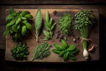 Canvas Print - Herbs from the garden, set out on a wooden board. Parsley, basil, mint, sage, thyme, and rosemary. View from above, with room for copy. Generative AI