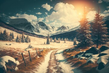 Poster - A magnificent winter scene illuminated by sunshine. A dramatic winter setting. Carpathians, Ukraine, and then Europe. Beautiful world Retro retro filter. Instagram effect of toning. Best New Year wish