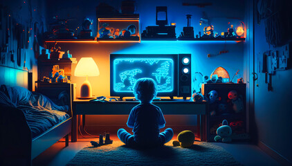 A boy is playing games on Tv in the dark room with neon lights. Generative AI illustration