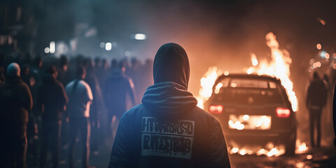 Wall Mural - Back view Aggressive man in hood against backdrop of protests and burning cars. Concept banner protesters riot people. Generation AI