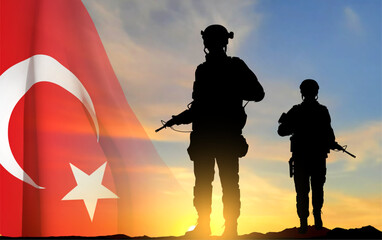 Silhouettes of soldiers with Turkey flag on background of sunset. Background for Turkish Armed Forces Day, Victory Day. EPS10 vector