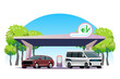 Electromobile charging station. Electric car charging at charger station. Electromobility e-motion concept. green energy concept, vector illustration