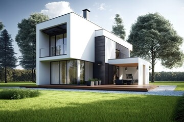 Wall Mural - Ultra modern house, luxurious. Front porch with green lawn and trees. Generative AI