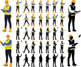 Fototapeta  - Construction worker poses wearing helmet and vest. Different color options. Worker silhouette set. Hand-drawn vector illustration isolated on white. Full length view 