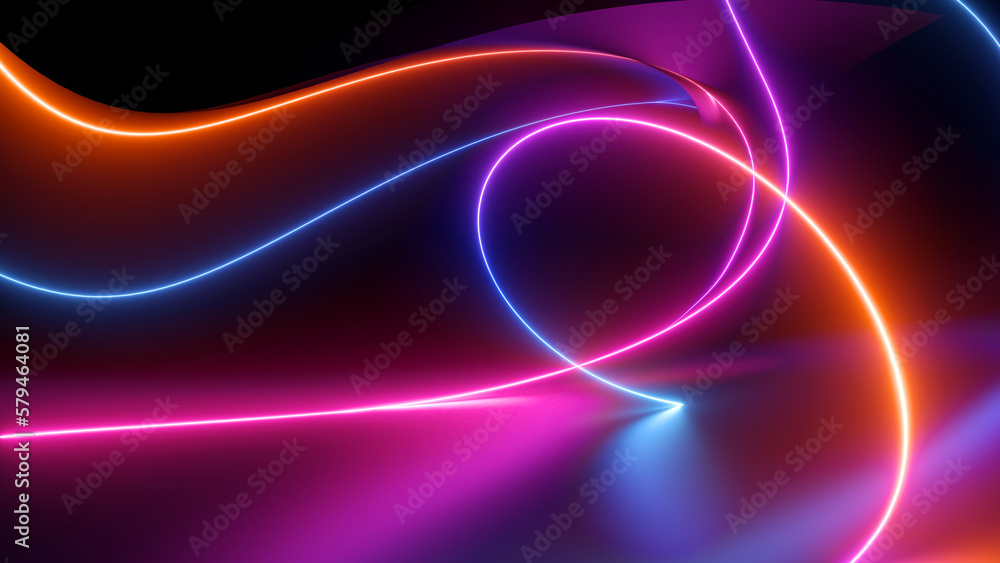3d render, abstract black background with pink blue neon lines glowing ...