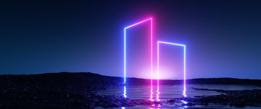 Wall Mural -  - 3d render, abstract neon background with glowing geometric shapes and seascape, terrain panoramic view, fantastic virtual reality wallpaper