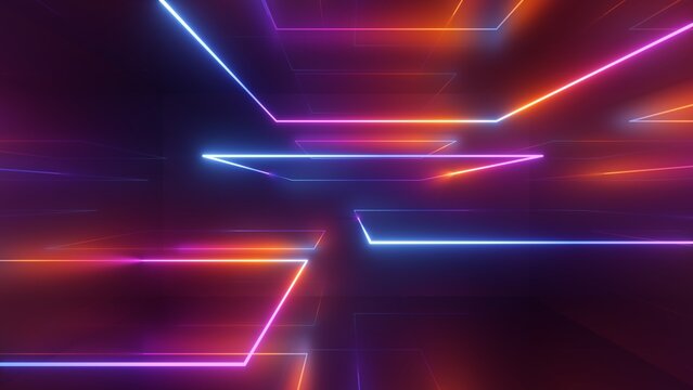 Wall Mural -  - 3d render, abstract geometric neon background, laser lines glowing in the dark, futuristic wallpaper
