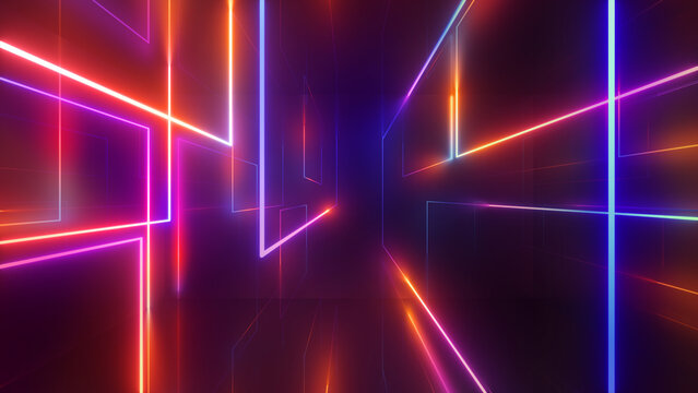 Wall Mural -  - 3d render, abstract geometric background, assorted colorful glowing lines, futuristic technology wallpaper