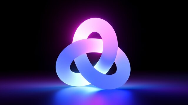 Wall Mural -  - 3d render, pink violet neon tangled geometric shape glowing in the dark. Abstract minimalist background with infinity symbol. Endless loop ribbon