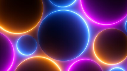 3d render, abstract geometric background. neon rings, glowing bubbles. pink blue yellow glowing roun