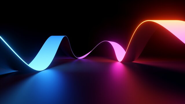Wall Mural -  - 3d render, simple neon background, abstract wallpaper with wavy ribbon, colorful gradient