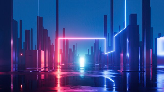 Wall Mural -  - 3d render, abstract concept of the urban street at night, red blue neon city, background with geometric shapes and glowing lights