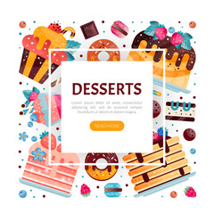 Poster - Tasty Dessert Design with Cake and Sweet Donut with Chocolate Vector Template