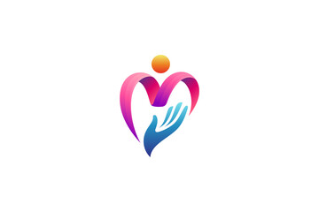 letter m people love and care logo with caring hand symbol colorful design