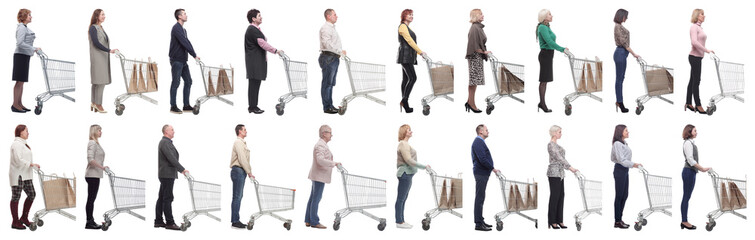 Wall Mural - group of people with cart looking ahead isolated on white