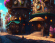 Steampunk fantasy colorful city with building. Generative AI