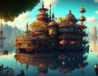 Steampunk fantasy colorful city on the water. Generative AI