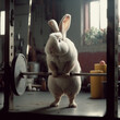 Bunny at the Academy. Fitness Bunny. Cartoon strong muscular bunny weightlifting in gym. Easter Bunny - AI Generated