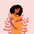 © Nadiia - Healthy pregnancy. Beautiful pregnant black woman hugs her belly. The concept of pregnancy and motherhood. Healthy pregnancy. Vector flat illustration.