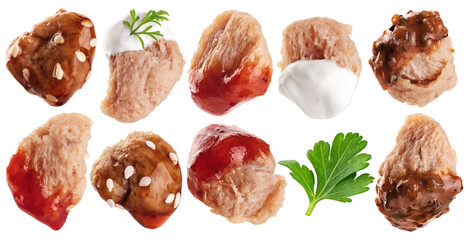 Wall Mural - Pieces of soy meat with different sauces. Vegan meat isolated on white background. Collection with clipping path.