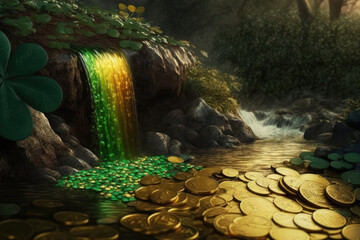 Gold coins at the end of the rainbow and a waterfall of green beer. Leprechaun gold for St. Patrick's Day. Photorealistic drawing generated by AI.