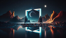 Modern Futuristic Abstract Landscape With A Space And Moon Background, Golden Brown Mountain Range, Lake With Reflection, Rocks And A Square Hexagon Geometric Neon Blue Glowing Portal In The Center