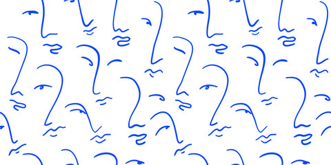 Wall Mural - Abstract hand drawn woman face seamless pattern  of line girl head doodles. Modern female portrait background design with freehand cartoon.