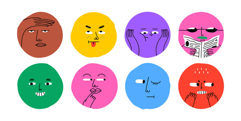 Wall Mural - colorful cartoon character face circle illustration set. funny people faces doing diverse gesture an
