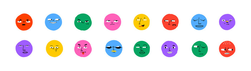 Wall Mural - colorful cartoon character face circle illustration set. funny people faces doing diverse gesture an