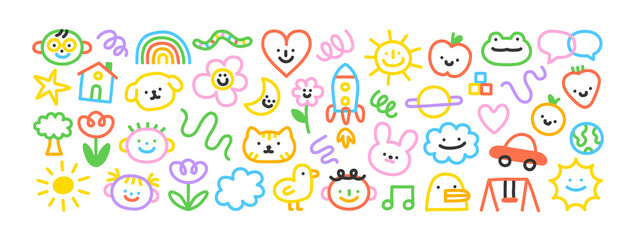 Wall Mural - Colorful children cartoon icon collection. Set of funny line doodle decoration on isolated background. Simple kid art bundle includes child character, animal and nature symbol.