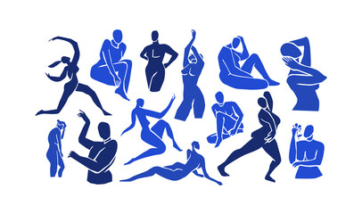 abstract androgynous blue people body silhouette illustration set on isolated white background. vint