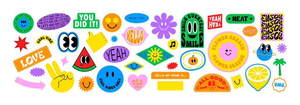 colorful happy smiling face label shape set. collection of trendy retro sticker cartoon shapes. funn