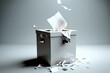 Ballot box and chaotic flying papers casting vote on light background. AI generated, human enhanced