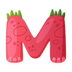 Sticker - M consonant letter dino font. Dinosaur alphabet, cute dino effect red letter sign, abc for kids, nursery, birthday party design cartoon vector illustration