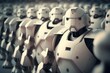Army of white modern robots, selective focus. AI generated, human enhanced.