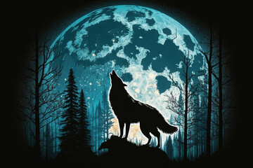 Wall Mural - Wolf howling at full moon in the forest vector illustration. Wild animal in the forest. Ai generated