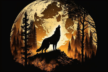 Wall Mural - Wolf howling at full moon in the forest vector illustration. Wild animal in the forest. Ai generated