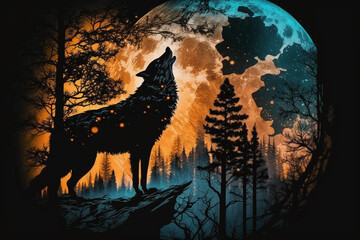 Wall Mural - Wolf howling at full moon in the forest vector illustration. Wild animal in the forest. Ai generated