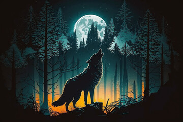 Wall Mural - Wolf howling at full moon in the forest vector illustration. Wild animal in the forest. Ai generated
