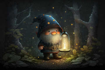 Wall Mural - Character cute forest dwarf gnome or elf character walking at night through the forest with a lantern. Ai generated