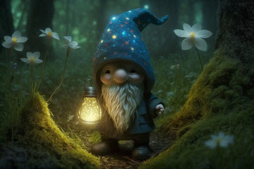 Wall Mural - Character cute forest dwarf gnome or elf character walking at night through the forest with a lantern. Ai generated