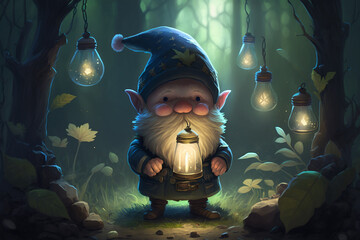 Wall Mural - Character cute forest dwarf gnome or elf character walking at night through the forest with a lantern. Ai generated