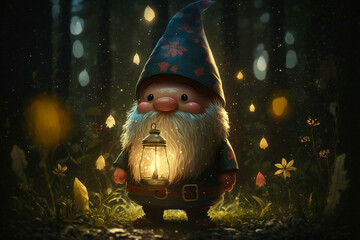 Wall Mural - Character cute forest dwarf gnome or elf character walking at night through the forest with a lantern. Ai generated