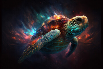 Wall Mural - artwork illustration of colorful sea turtle isolated on black background. Generative AI