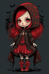 Little Red Riding Hood Cute Goth Chibi Girl with big eyes created with Generative AI technology